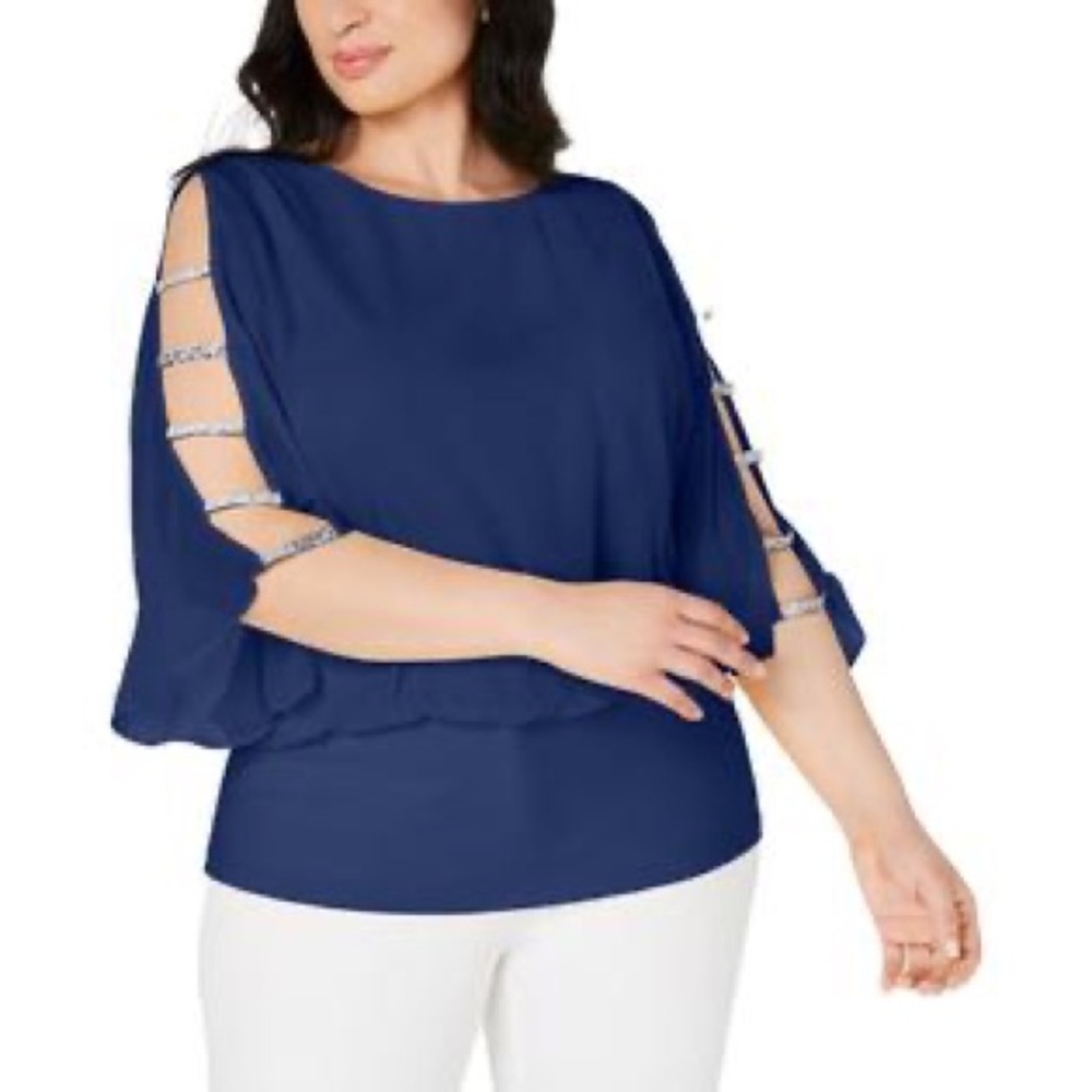 NWT MSK Women's Navy Top with Rhinestone Accents